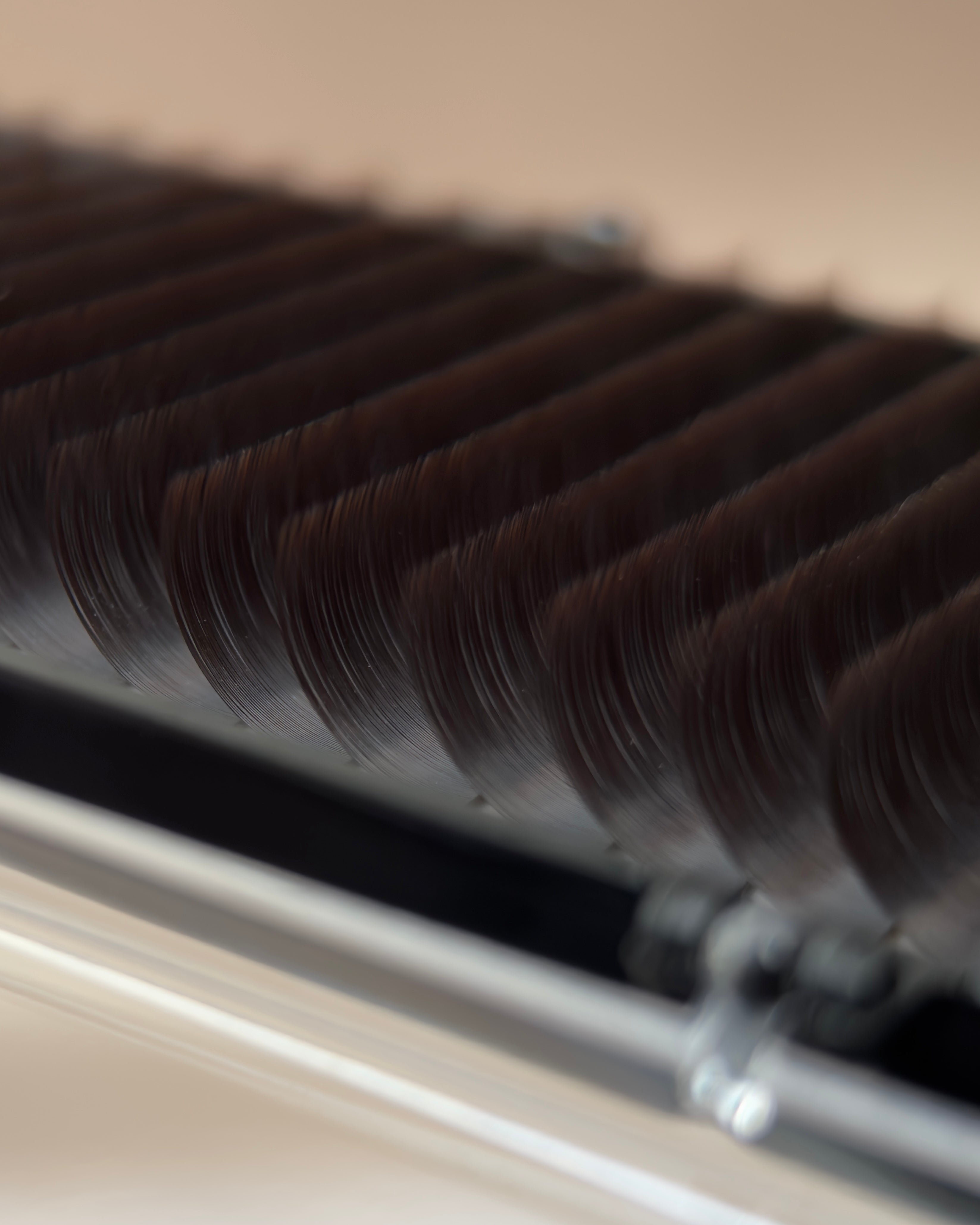 Close-up of a dark brown eyelash extensions with dense fibres  in lash tray.