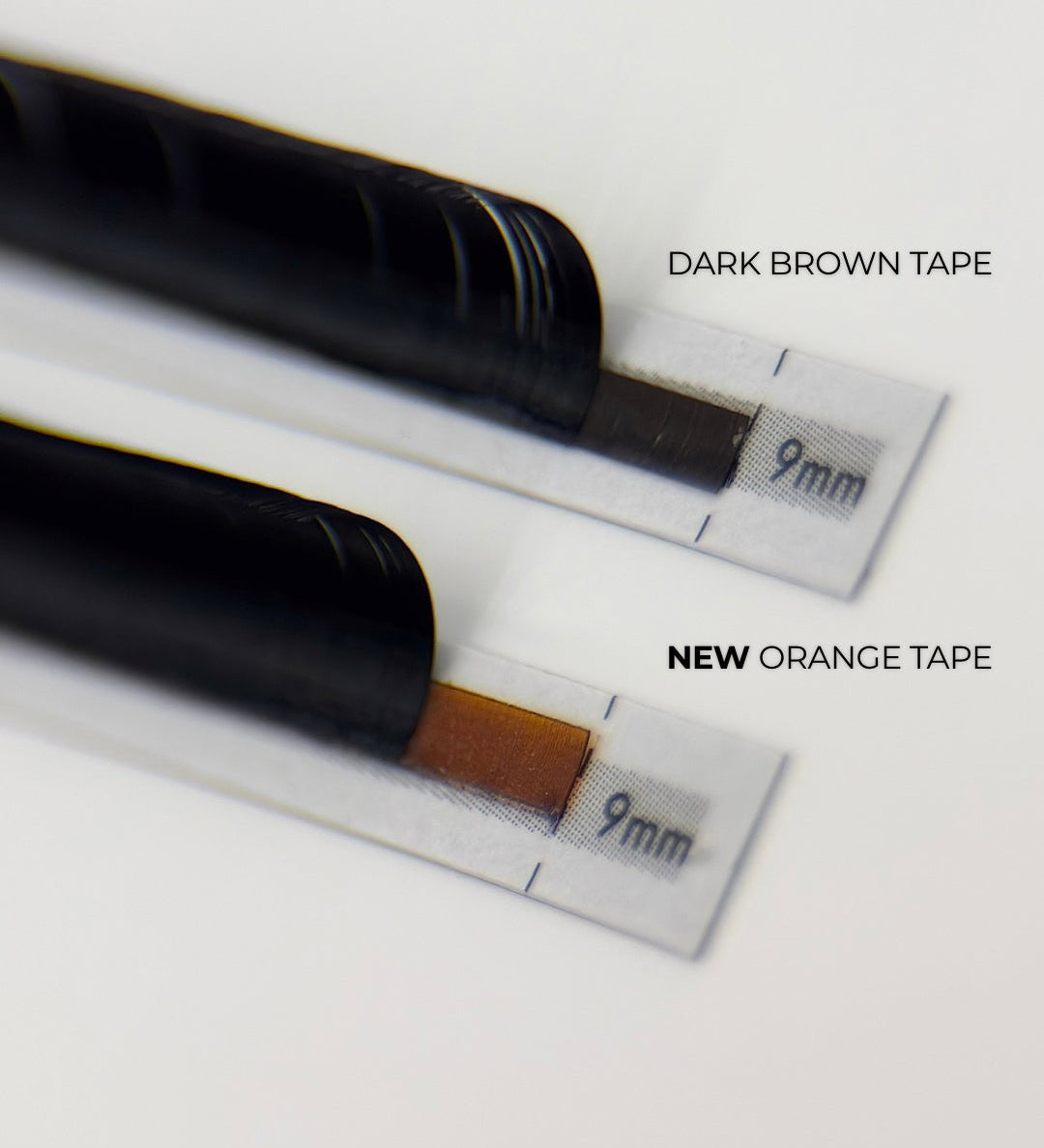 Comparison of I AM Lash PRO dark brown lash strip tape and new orange lash strip tape, both on 9mm lash tr