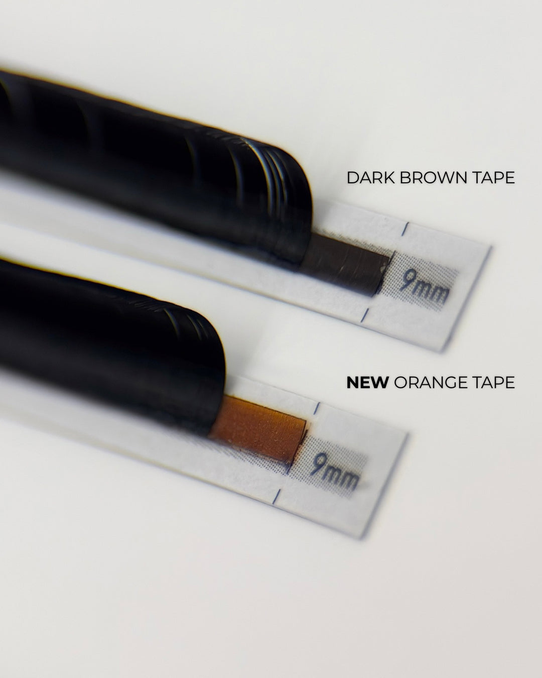 Comparison of I AM Lash PRO dark brown lash strip tape and new orange lash strip tape, both on 9mm lash tr