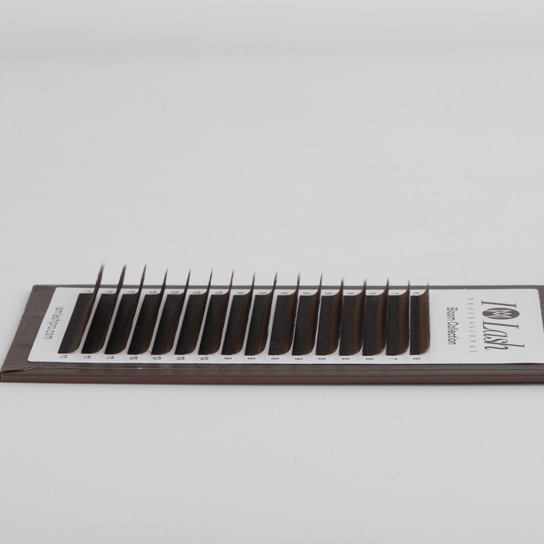 I AM Lash 3DW Brown Pre-Made Volume Fans for eyelash extensions, showcasing brown, multi-layered lash fans with a fan-shaped design.