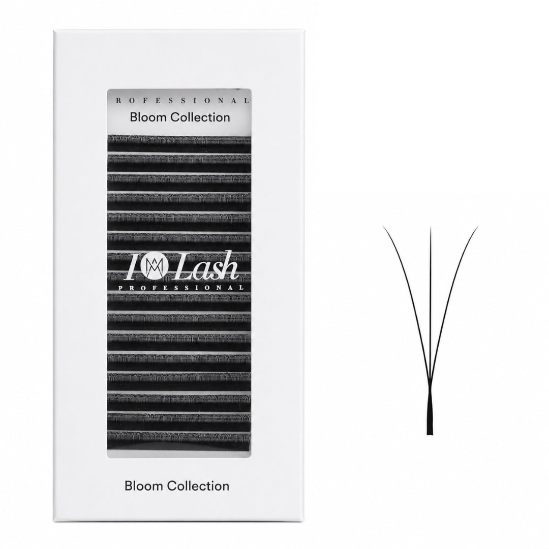 A package of I AM Lash Professional Bloom Collection eyelash extensions shown in a white box next to a graphic representation of 3D pre-made volume on a white background.