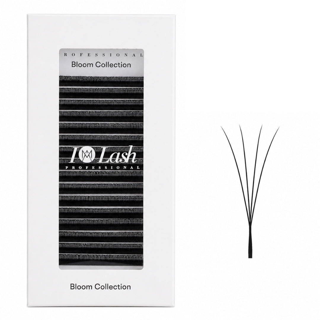 I AM Lash Professional Bloom Collection 4D Pre-made volume fan shown next to their white retail packaging box on a solid white background.